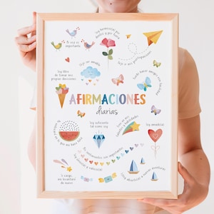 May include: A framed print with colorful illustrations and text in Spanish. The artwork features a variety of images, including birds, butterflies, a cloud, and a watermelon slice. The text includes the words "AFIRMACIONES diarias" and other affirmations.