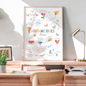 May include: A framed print with the words "AFIRMACIONES diarias" in colorful lettering. The print features various illustrations, including birds, butterflies, and a watermelon slice. The print is displayed on a wooden desk with a small plant and books.