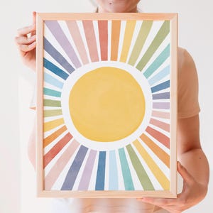 Sun Playroom Poster, Watercolor Nursery Sun Print, Rainbow Sun Wall Art, Girls Room Decor, Sun Playroom Decor