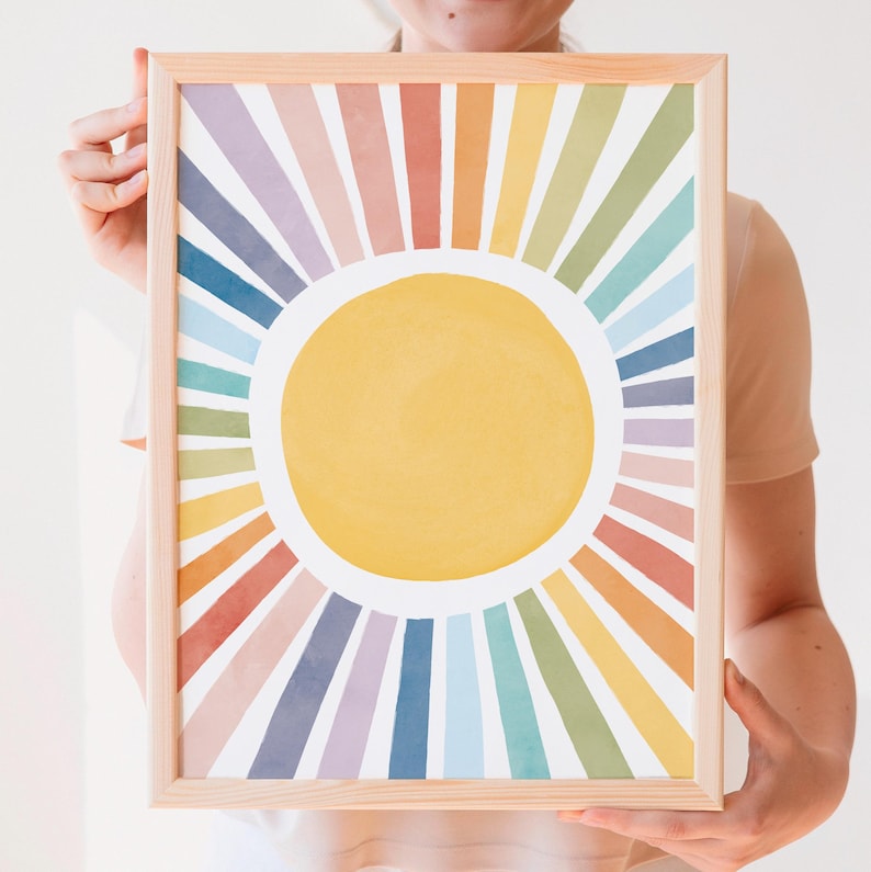 Sun Playroom Poster, Watercolor Nursery Sun Print, Rainbow Sun Wall Art, Girls Room Decor, Sun Playroom Decor