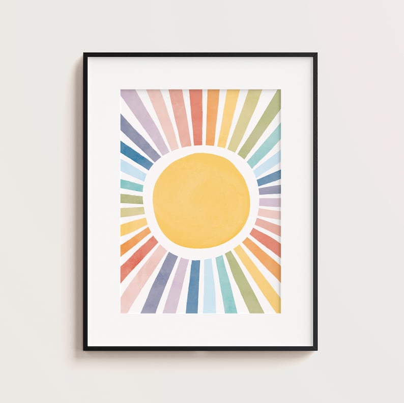 Sun Playroom Poster, Watercolor Nursery Sun Print, Rainbow Sun Wall Art, Girls Room Decor, Sun Playroom Decor