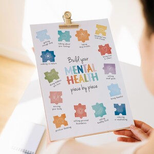 May include: A colorful printable poster with puzzle pieces that have tips for building mental health. The poster says "Build your Mental Health piece by piece".