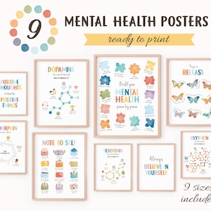 May include: Nine printable mental health posters with colorful illustrations and text. The posters feature phrases like "Positive Thoughts Create Positive Things", "Build Your Mental Health Piece by Piece", and "Always Believe in Yourself".