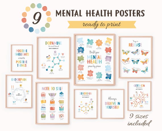 Mental Health Bundle, 9 Therapy Office Decor Posters, School Counselor Bundle, Happy Chemicals, Daily Affirmations, Digital Download N36