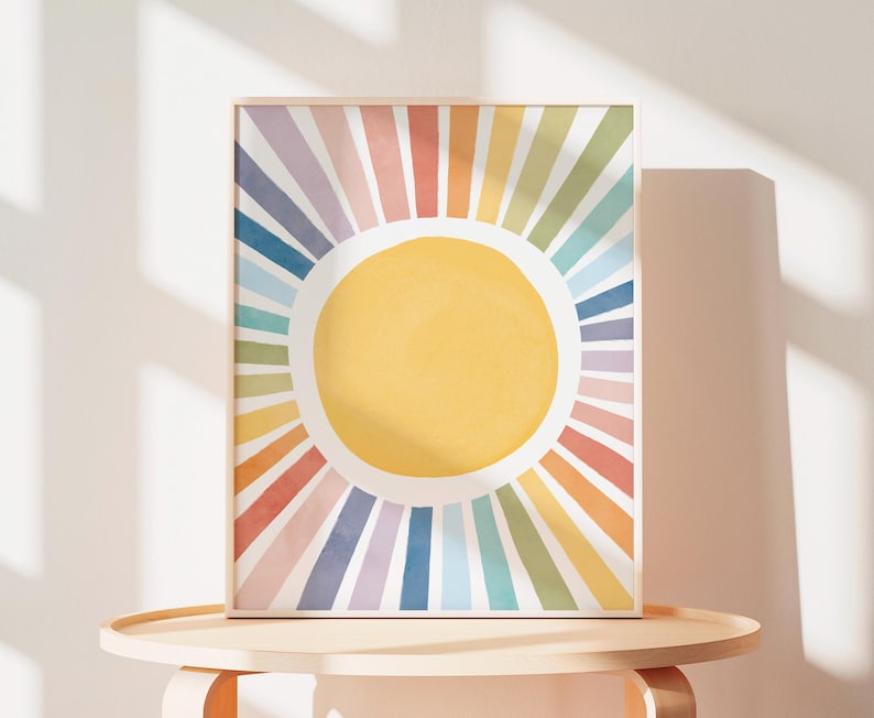 Sun Playroom Poster, Watercolor Nursery Sun Print, Rainbow Sun Wall Art, Girls Room Decor, Sun Playroom Decor