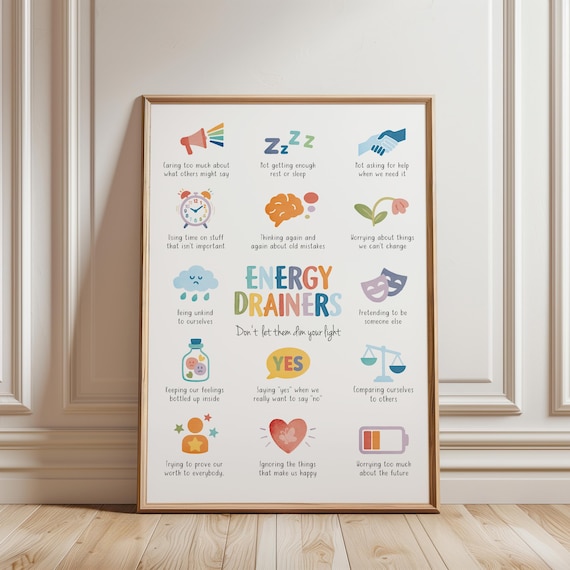 Energy Drainers, Mental Health Poster, Therapy Office Decor, School Psychologist, Calming Corner, School Counselor, Digital Download