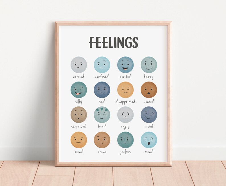May include: A printable chart with the word "FEELINGS" at the top. The chart features 16 different facial expressions, each with a corresponding emotion word below it. The emotions include: worried, confused, excited, happy, silly, sad, disappointed, scared, surprised, loved, angry, proud, bored, brave, jealous, and tired.