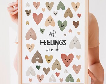 Könnte beinhalten: Ein gerahmter Druck mit dem Text "All FEELINGS are ok" in schwarzer Schrift. Der Druck zeigt eine Vielzahl von bunten Herzen mit verschiedenen Gesichtsausdrücken.