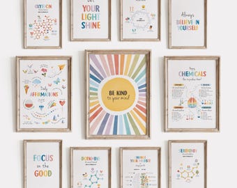 Mental Health Posters Set of 11 | Positive Affirmations Bundle | Happy Chemicals Prints | Therapy Office Decor | Digital Download N45