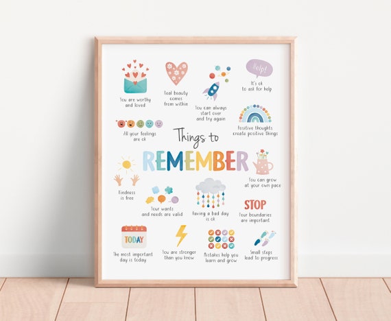 Things to Remember, Therapy Office Decor, Positive Affirmations, Anxiety Relief, Calming Corner, School Psychology, CBT, Digital Download