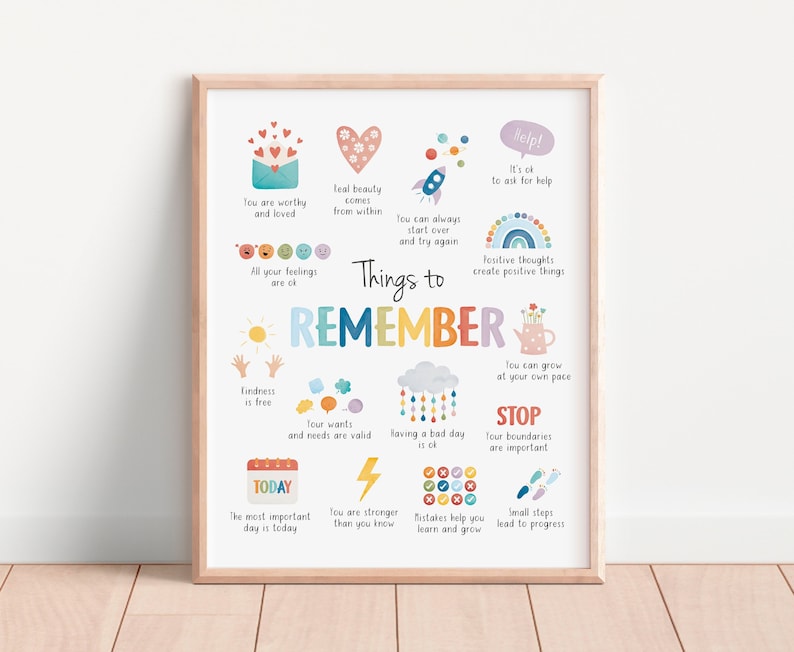 May include: A colorful printable poster with illustrations and text that says "Things to Remember". The poster includes phrases like "You are worthy and loved", "Real beauty comes from within", "You can always start over and try again", "Help! It's ok to ask for help", "Positive thoughts create positive things", "Kindness is free", "Your wants and needs are valid", "Having a bad day is ok", "You are stronger than you know", "Mistakes help you learn and grow", "You can grow at your own pace", "Stop! Your boundaries are important", "Small steps lead to progress", and "The most important day is today".
