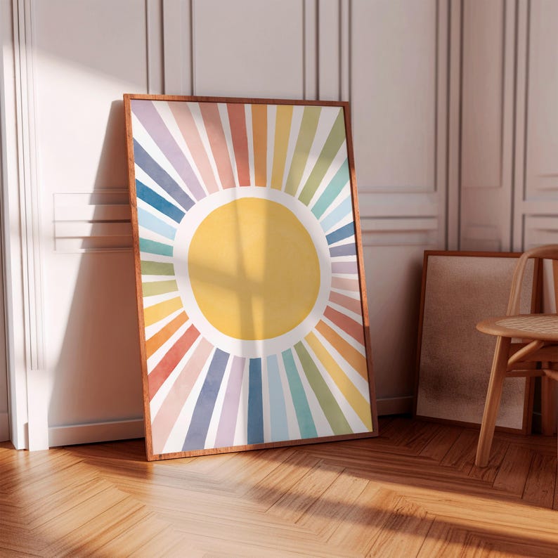 Sun Playroom Poster, Watercolor Nursery Sun Print, Rainbow Sun Wall Art, Girls Room Decor, Sun Playroom Decor
