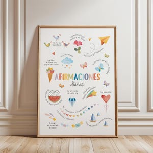 May include: A framed print with colorful illustrations and text in Spanish. The artwork features a variety of images, including birds, flowers, butterflies, and a sailboat. The text includes the words "AFIRMACIONES diarias" and other affirmations.