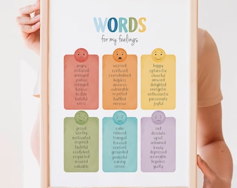 Emotional Regulation, Words for My Feelings Poster, Feelings Chart, Mental Health, Therapy Office Decor, Calming Corner, Digital Download