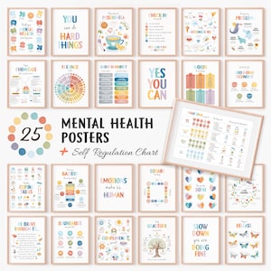 Op de afbeelding: Een verzameling ingelijste posters over geestelijke gezondheid met inspirerende citaten en zelfregulatiekaarten. De posters bevatten kleurrijke ontwerpen en tekst, waaronder zinnen als "Je kunt moeilijke dingen doen" en "Ja, je kunt".