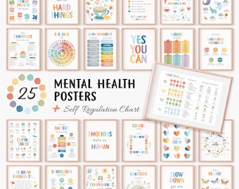 Set of 25 Mental Health Posters for Kids + Self Regulation Chart (FREE), Rainbow Classroom Decor, Coping Skills, SEL, Digital Download N05