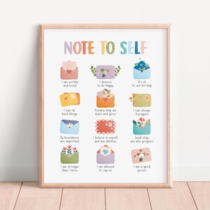 May include: A printable poster with the words "Note to Self" at the top. The poster features 12 colorful envelopes with positive affirmations written inside each envelope.