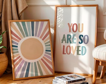 Set of 2 Rainbow Playroom Posters, Sun Print, You Are So Loved, Rainbow Nursery Decor, Classroom Decor, Daily Affirmations, Digital Download