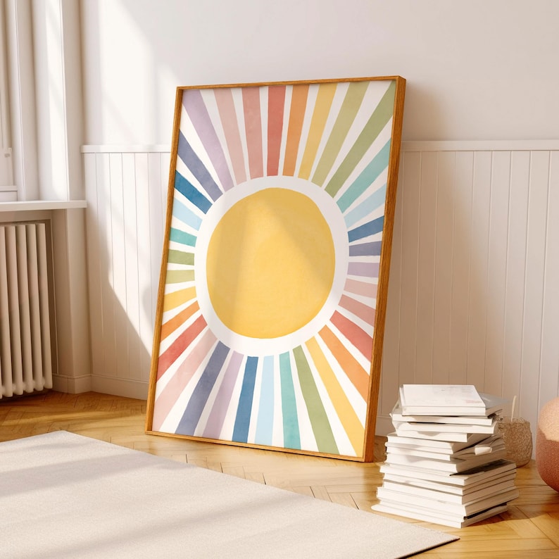 Sun Playroom Poster, Watercolor Nursery Sun Print, Rainbow Sun Wall Art, Girls Room Decor, Sun Playroom Decor