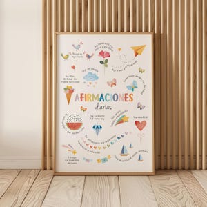 May include: A framed print with colorful illustrations and text in Spanish. The artwork features a variety of images, including birds, butterflies, and a paper airplane, along with phrases like "daily affirmations." The frame is a light brown color.