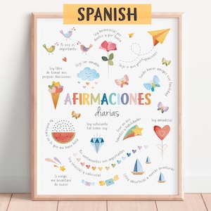Pode incluir: Uma impressão emoldurada com a palavra "SPANISH" no topo. A impressão apresenta ilustrações coloridas e afirmações em espanhol, incluindo borboletas, pássaros e um avião de papel. As palavras "AFIRMACIONES diarias" são exibidas em destaque.