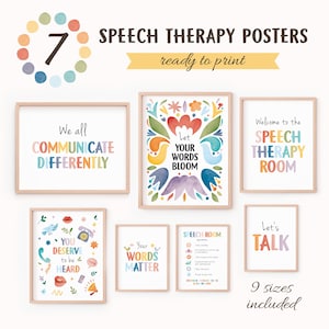 Può includere: Una collezione di sette poster incorniciati per la logopedia con disegni ad acquerello e citazioni ispiratrici. I poster presentano frasi come "Lascia che le tue parole sboccino" e "Tutti comunichiamo in modo diverso".