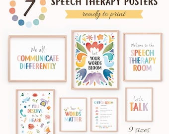 Speech Therapy Poster Set of 7, Rainbow SLP Art, Printable Speech Room Decor, Communication Quotes for Speech Pathologists, Digital Download
