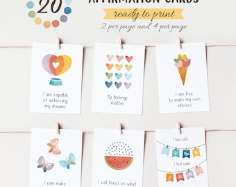 Affirmation cards for kids, 20 Daily Affirmations, Motivation, Self Esteem, Mental Health, Self-care, Therapy Office Decor, Digital Download