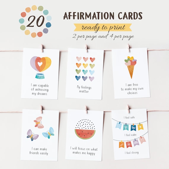 Affirmation cards for kids, 20 Daily Affirmations, Motivation, Self Esteem, Mental Health, Self-care, Therapy Office Decor, Digital Download