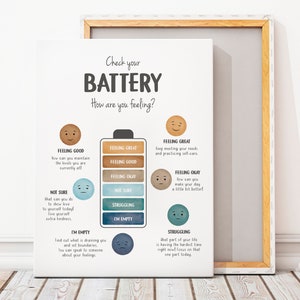 May include: A printable poster with a battery graphic and different facial expressions to help you check your emotional state. The poster includes text such as "Check your Battery", "How are you feeling?", "Feeling Great", "Feeling Good", "Feeling Okay", "Not Sure", "Struggling", and "I'm Empty".