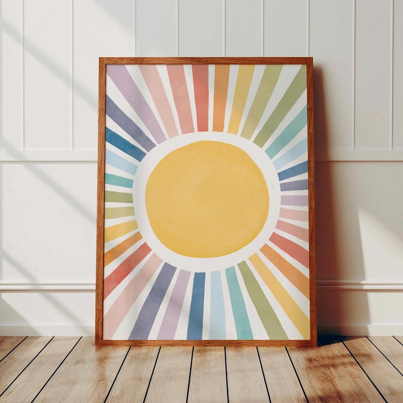 Sun Playroom Poster, Watercolor Nursery Sun Print, Rainbow Sun Wall Art, Girls Room Decor, Sun Playroom Decor