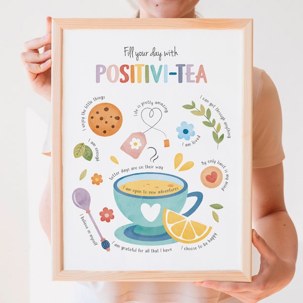 Positivi-tea Positivity, Affirmations Poster, Calming Corner, School Psychology, Therapist Gift Office Decor, CBT, Digital Download