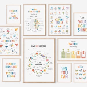 Puede incluir: Una colección de impresiones artísticas enmarcadas con citas inspiradoras y afirmaciones. Las impresiones presentan texto e ilustraciones coloridas, incluyendo frases como "Los errores me ayudan a aprender y crecer" y "Cambia tu forma de pensar".