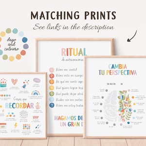 May include: Three framed prints with inspirational text in Spanish. The prints have a light wood frame and feature colorful text and illustrations. The top print says "MATCHING PRINTS" and "See links in the description". The other prints have the words "RITUAL" and "CAMBIA TU PERSPECTIVA".