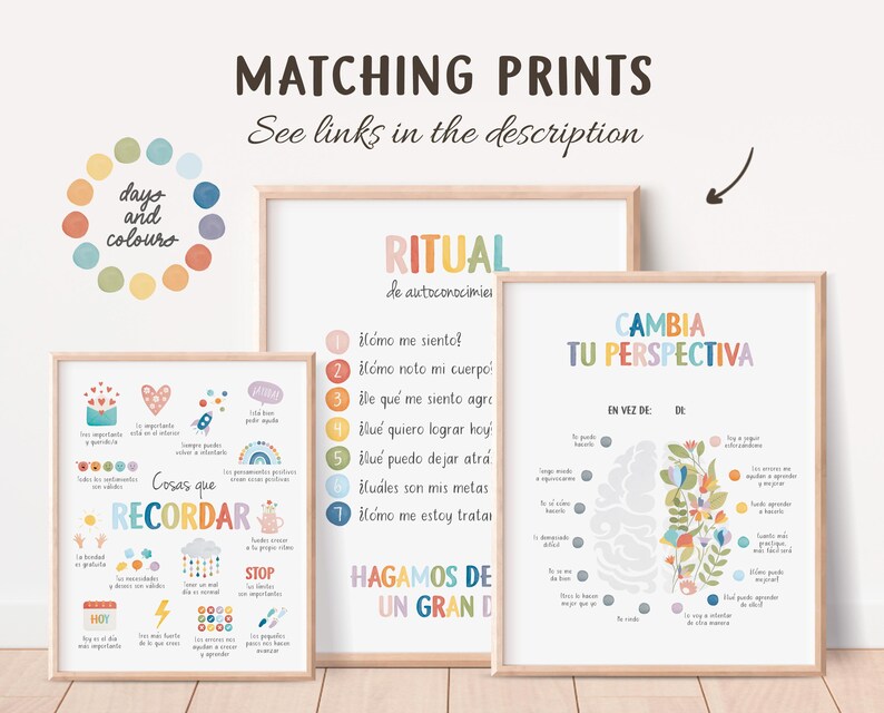 May include: Three framed prints with inspirational text in Spanish. The prints have a light wood frame and feature colorful text and illustrations. The top print says "MATCHING PRINTS" and "See links in the description". The other prints have the words "RITUAL" and "CAMBIA TU PERSPECTIVA".