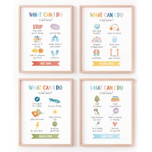 Set of 4 zones of regulation posters, coping skills , therapy office decor, school counselor, calming strategies, CBT, Digital Download