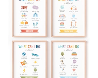 Set of 4 Coping Skills Posters, Therapy Office Decor, School Counselor, Calming Strategies, CBT, Digital Download