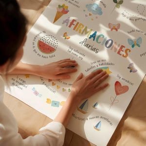 May include: A colorful poster with the words "AFIRMACIONES diarias" and various illustrations, including a watermelon, ice cream cone, butterflies, and sailboats. The poster is in Spanish and features positive affirmations.