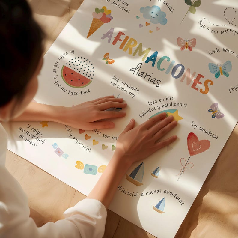 May include: A colorful poster with the words "AFIRMACIONES diarias" and various illustrations, including a watermelon, ice cream cone, butterflies, and sailboats. The poster is in Spanish and features positive affirmations.