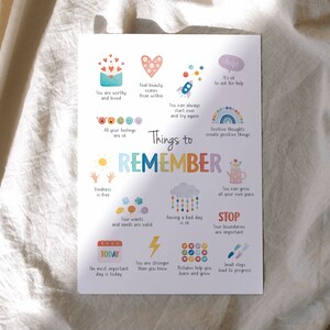 May include: A colorful printable poster with illustrations and text reminding people to be kind, to remember that their feelings are valid, and to be strong. The poster includes the text "Things to Remember".