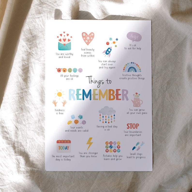 May include: A colorful printable poster with illustrations and text reminding people to be kind, to remember that their feelings are valid, and to be strong. The poster includes the text "Things to Remember".