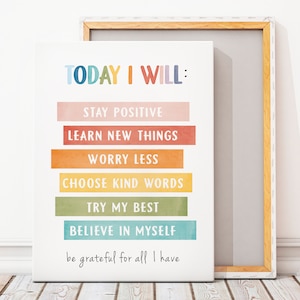 Today I Will Poster, Kids Positive Affirmation Art, Mental Health, Counselor Office Decor, Counselling Resources, Digital Download