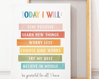 Today I Will Poster, Kids Positive Affirmation Art, Mental Health, Counselor Office Decor, Counselling Resources, Digital Download