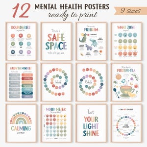 12 Mental Health Corner Posters, Therapy Office Wall Decor, School Counselor, Rainbow Classroom Decor, Feelings Chart, Digital Download, N62