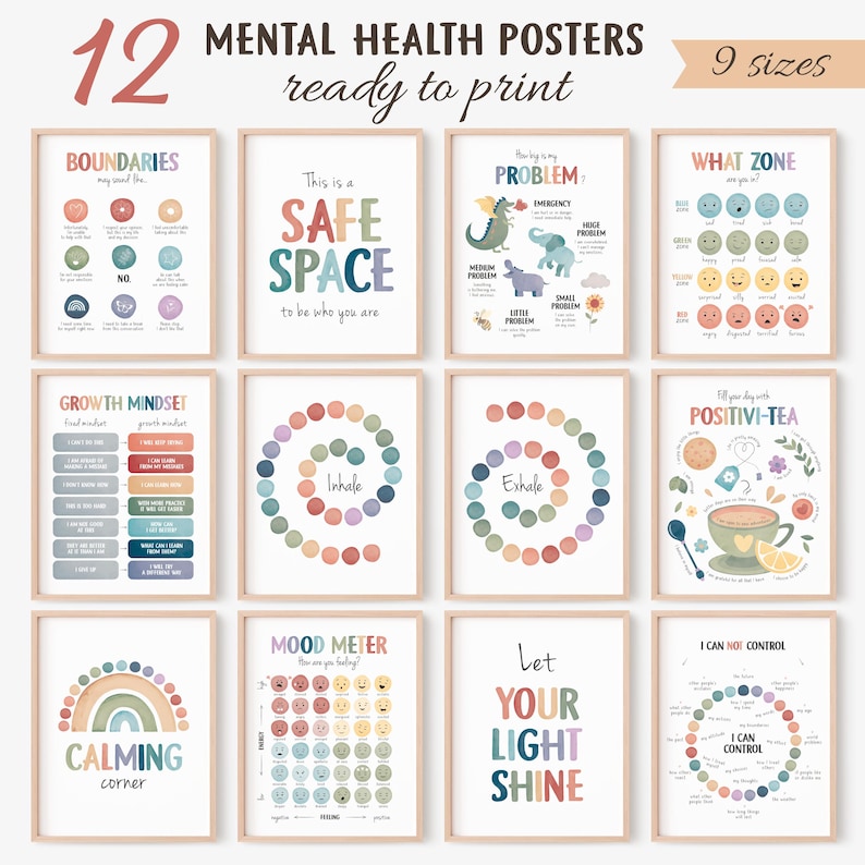 12 Mental Health Corner Posters, Therapy Office Wall Decor, School Counselor, Rainbow Classroom Decor, Feelings Chart, Digital Download, N62