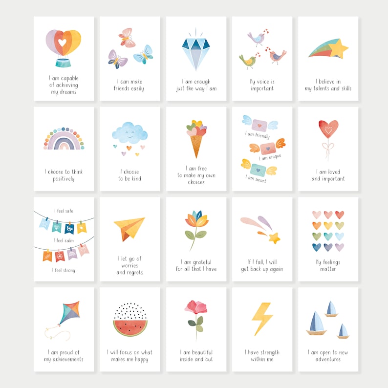 May include: Set of 20 colorful affirmation cards with illustrations and positive messages. The cards feature a variety of themes, including self-love, friendship, and personal growth.