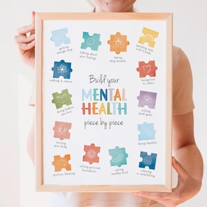 May include: A colorful printable poster with a jigsaw puzzle design. The poster says "Build your Mental Health piece by piece" and lists various activities that can help improve mental well-being.