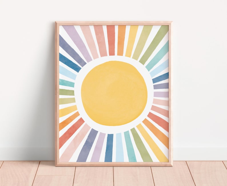 Sun Playroom Poster, Watercolor Nursery Sun Print, Rainbow Sun Wall Art, Girls Room Decor, Sun Playroom Decor