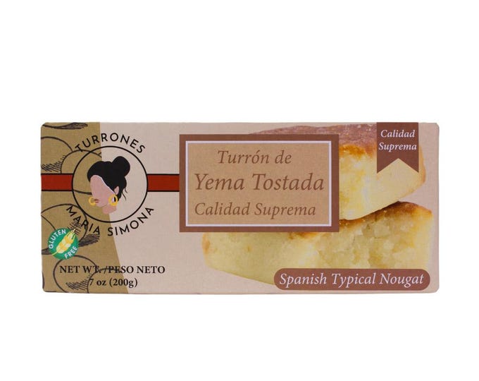 Turron with Catalan Cream, toasted egg yolk, and ground almonds. Gourmet gift, traditional soft nougat. Maria Simona.