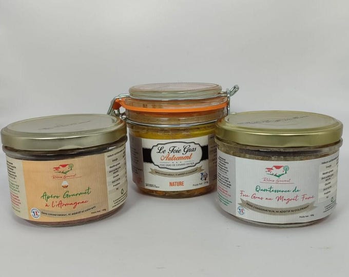 Assortment of Whole Foie Gras in Nature + Quintessence + Gourmet Armagnac Spread, Artisanal Recipe, Origin France – Luxury Gift